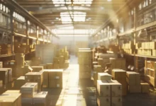 A warehouse with organized shelves and labeled boxes, illustrating the efficiency of a Kanban inventory management system.