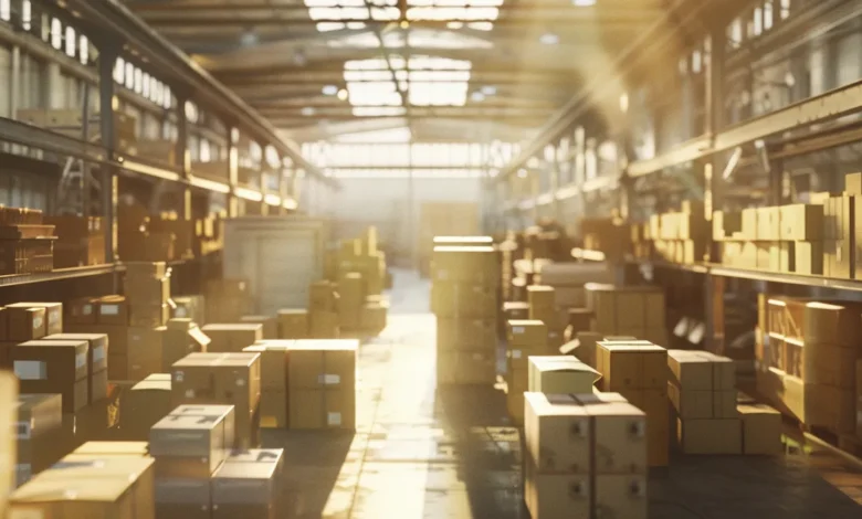 A warehouse with organized shelves and labeled boxes, illustrating the efficiency of a Kanban inventory management system.